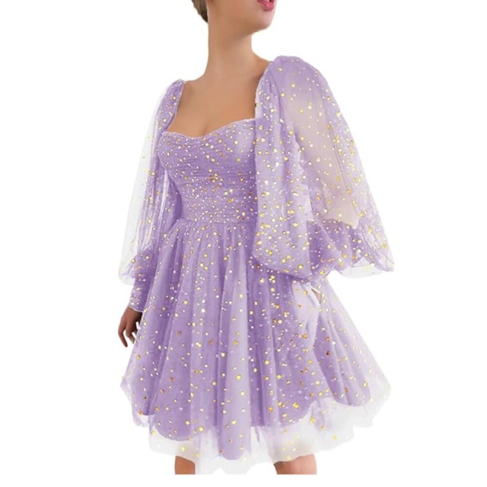 Lavender Tulle Star and Moon Dress with Puff Sleeves Size 10